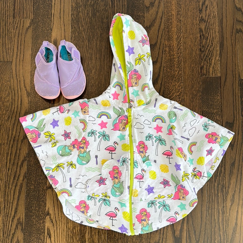 Disney Swim Suit Cover-up Cape with Ariel-like Mermaid & Merence Water Shoes 25